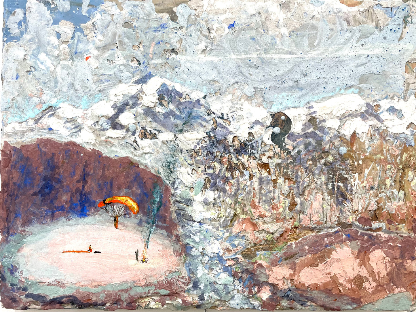 Rescue, in Pink Mountain Field - 16" x 12" Fresco Painting