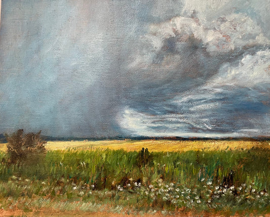 "Distant Rain & Sunny Field" - Traditional Landscape Oil Painting on Panel 8"x 10"